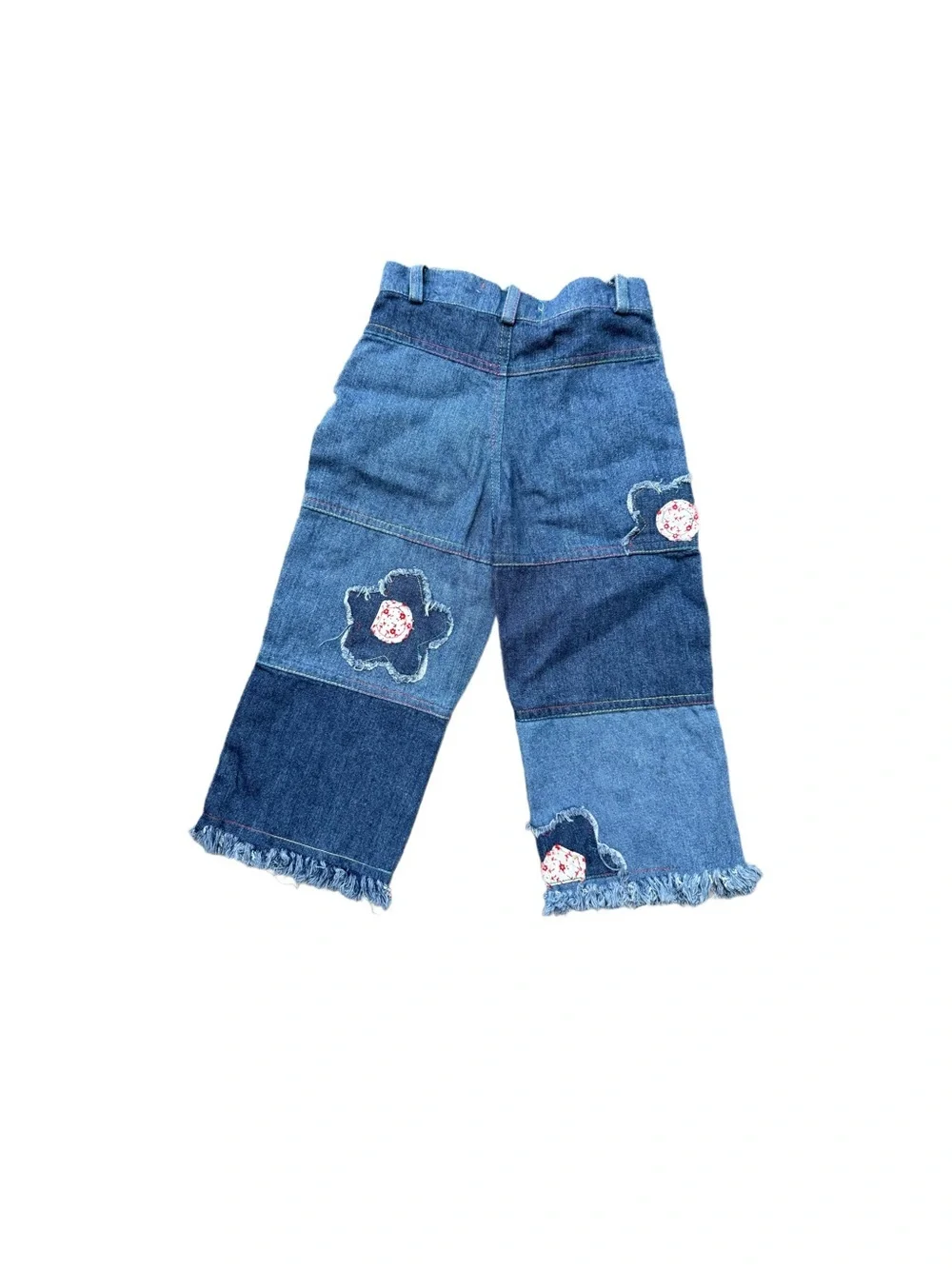 Vintage Kids Blue Patchwork Denim Pants with Floral Appliqué